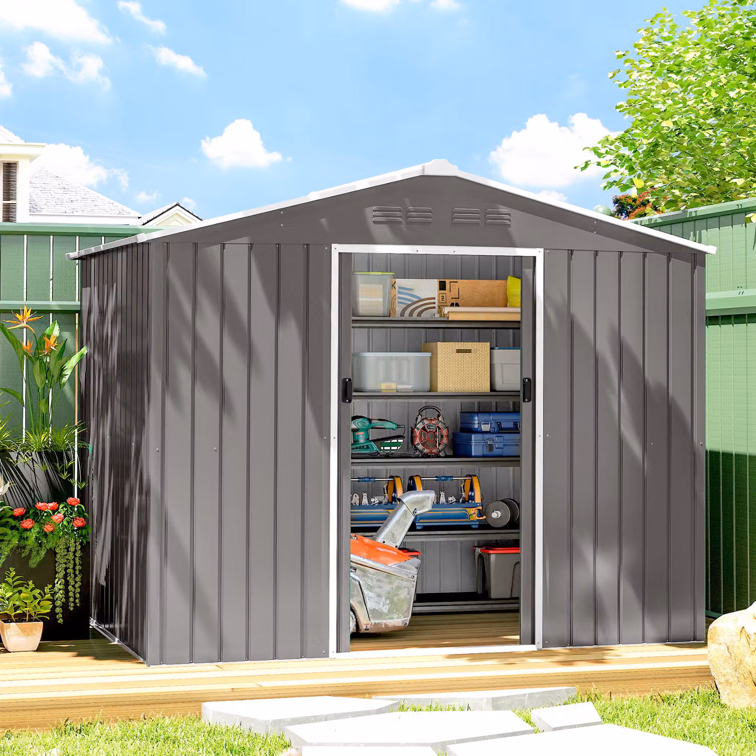 Outsunny Galvanised Steel Shed with Double Doors in Light Grey – 2