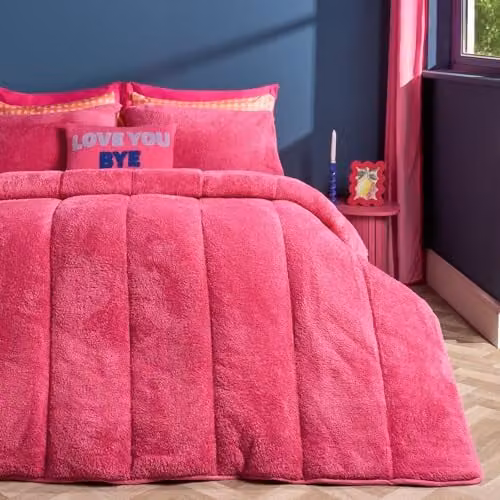 OHS Teddy Fleece 10.5 Tog Coverless Duvet and Pillowcase Set, Pink, W/D/H: 135 x 200 cm