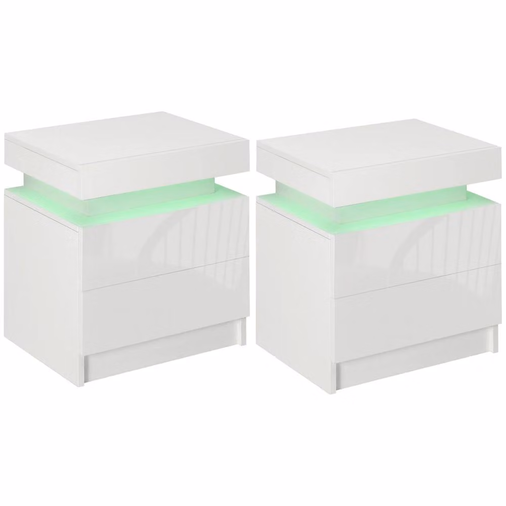 Wyld Haus Nisu Set of 2 High Gloss White Bedside Tables with Integrated LED Lighting, W/D/H: 45 x 35 x 52 cm – 2