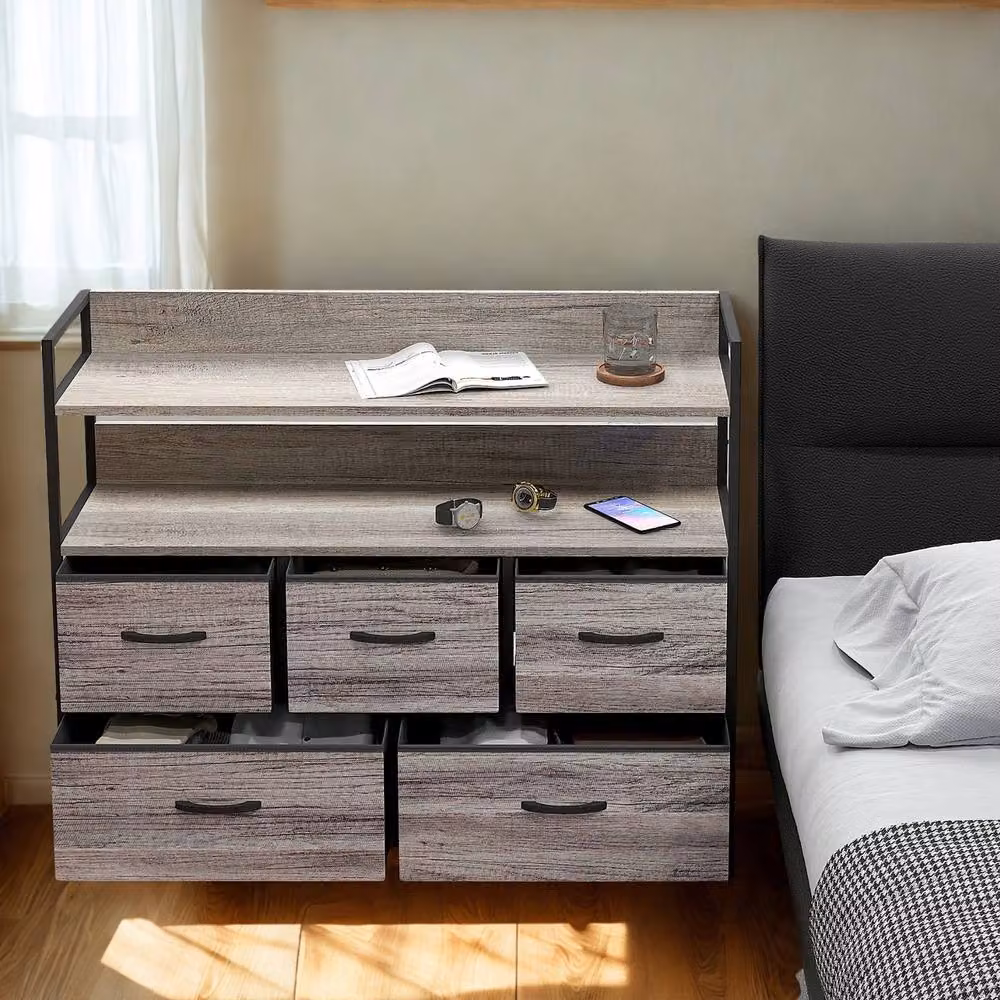 FURNOS Industrial 5 Drawer Chest Storage Unit with Shelves in Grey and Black Metal – 2