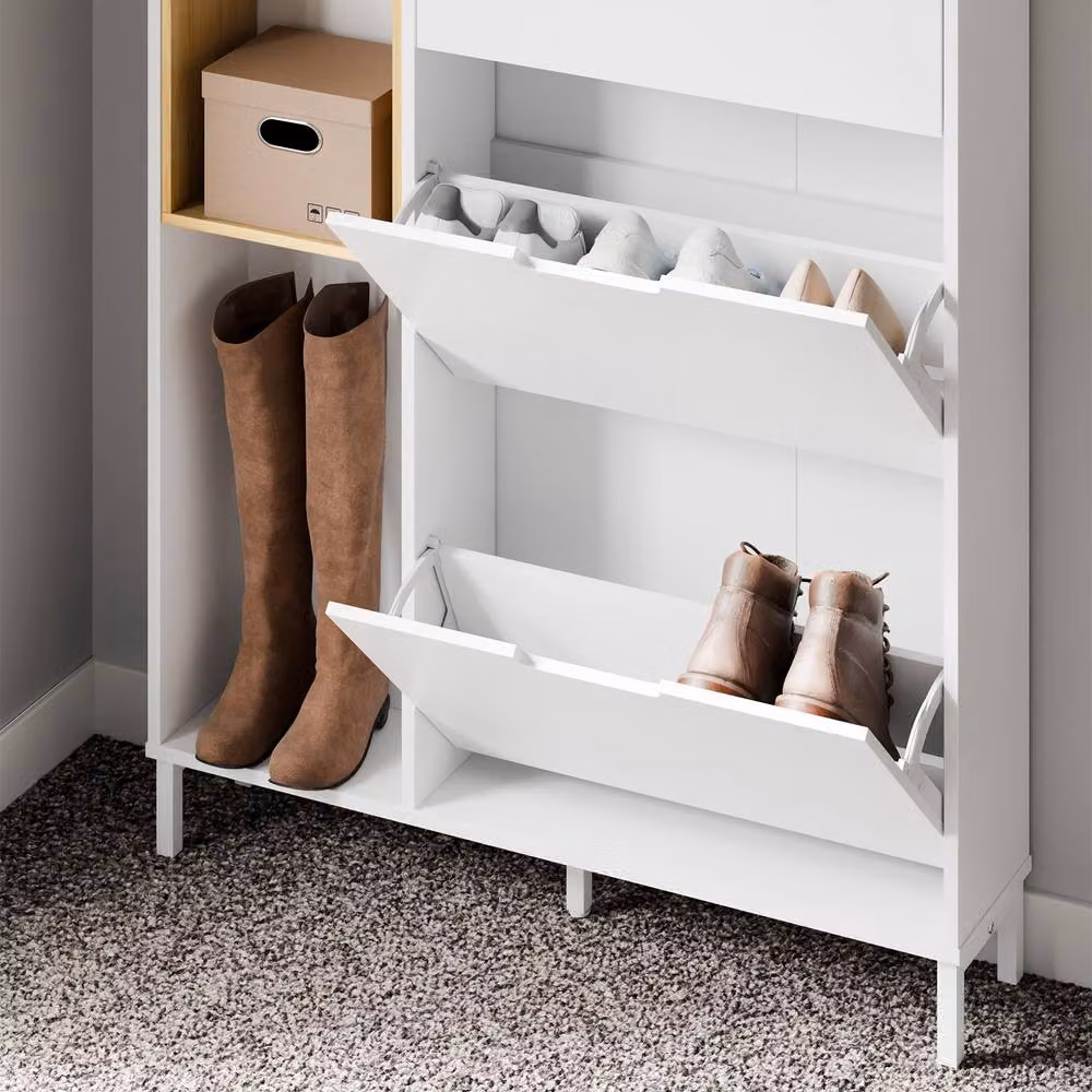 SoBuy Modern Slim Shoe Cabinet with Bamboo Shelves and Hinged Doors in White or Black – 4