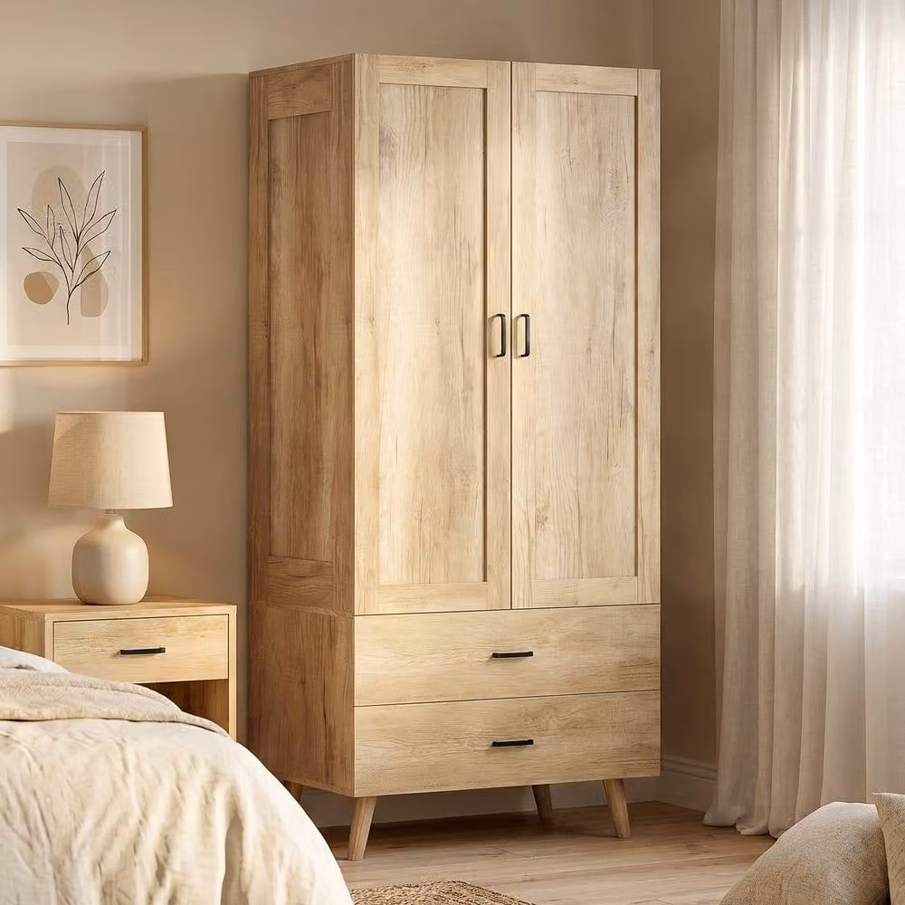 STILVORA Modern 2 Door Wardrobe with 2 Integrated Drawers and Soft Close Doors in Natural Brown and Beige – 2