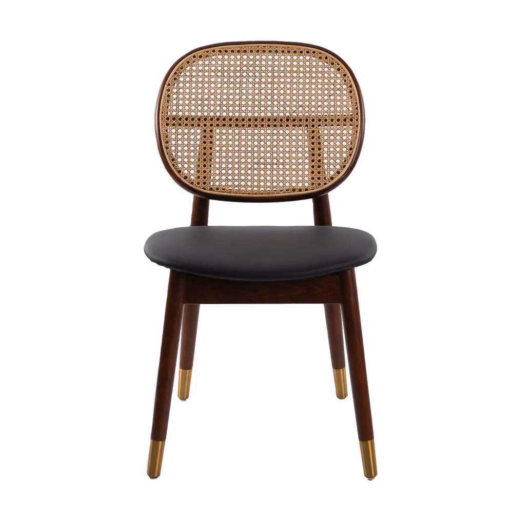 Angel Cerda Model R Dining Chair in Black Leatherette with Rattan and Walnut Details – 2