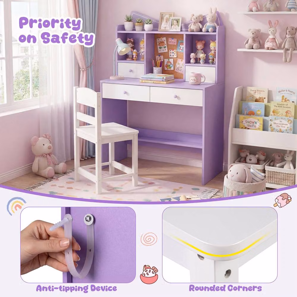 Costway Kids Study Desk and Chair Set, Purple Wooden Writing Table with 4 Drawers – 3
