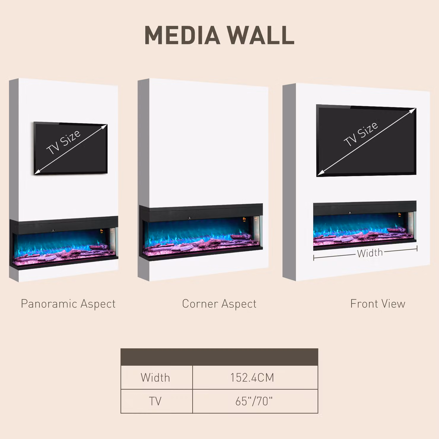 HOMCOM Black Wall Mounted Electric Fire with LED Flame Effect, 1800W, 152cm – 8