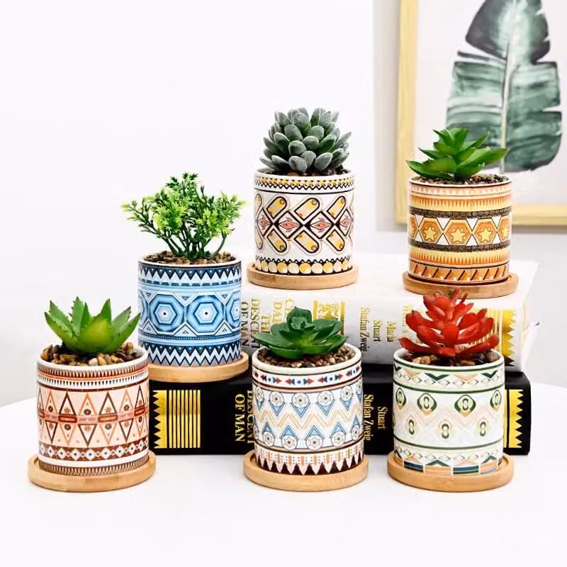Simpa Mixed Earth Pattern Ceramic Plant Pots with Bamboo Base, Multicolour, W/D/H: 7.3 x 7.3 x 7.3 cm – 2