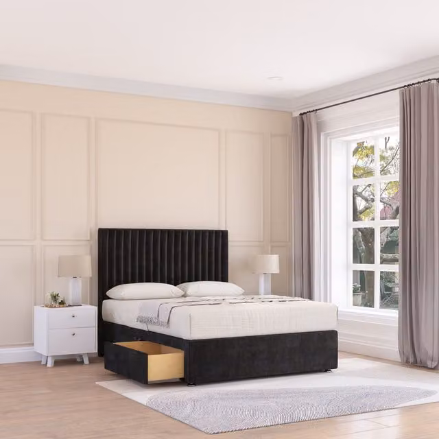 Sloomy Manhattan Small Single Divan Bed Base and 26 inch Struts Headboard in Black Velvet