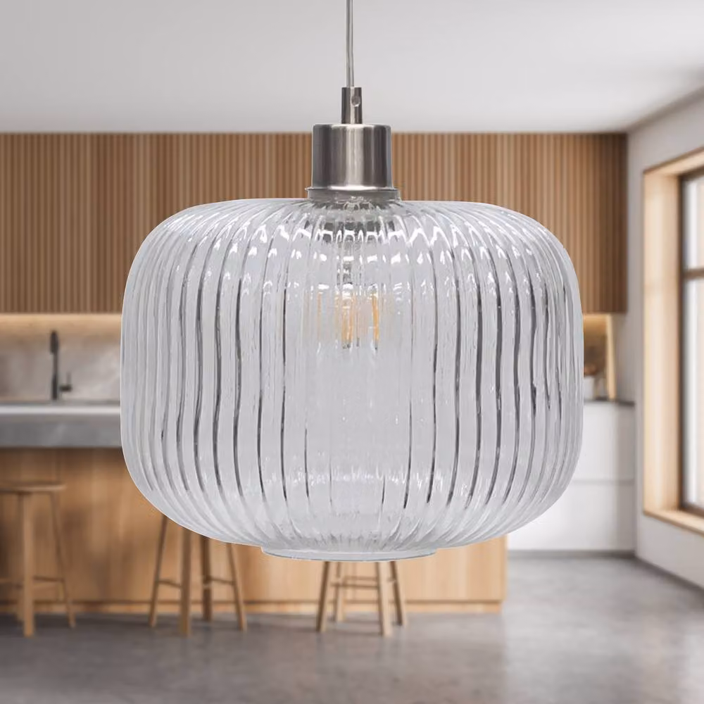 First Choice Lighting Set of 2 Clear Ribbed Glass Kitchen Pendant Lights with Satin Nickel Finish – 2