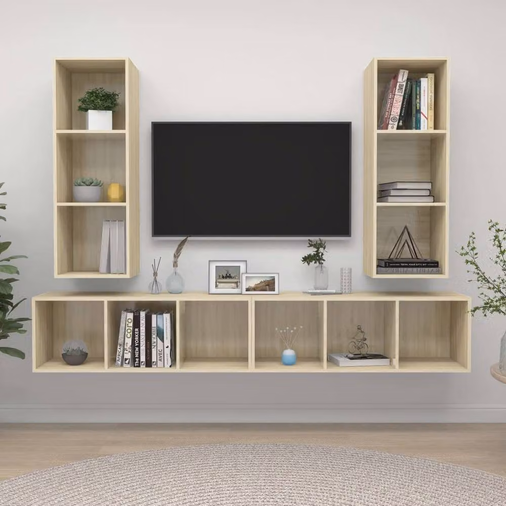 Berkfield Home Set of 4 Wall-mounted TV Cabinets in Sonoma Oak and Light Beige – 2