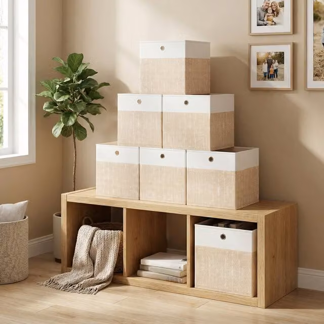 SONGMICS 6 Foldable Fabric Storage Cubes with Handles, Beige
