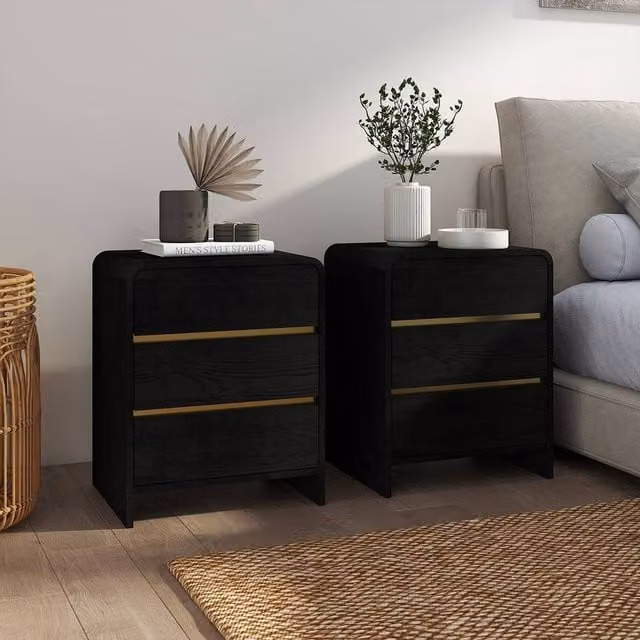 Melody Maison Meridian Black Range Pair of Black 3 Drawer Bedside Tables