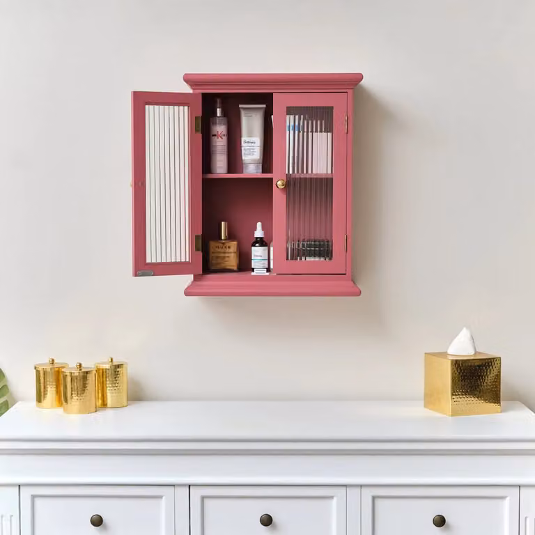 Melody Maison Raspberry Pink Reeded Glass Wall Cabinet in Dark Pink