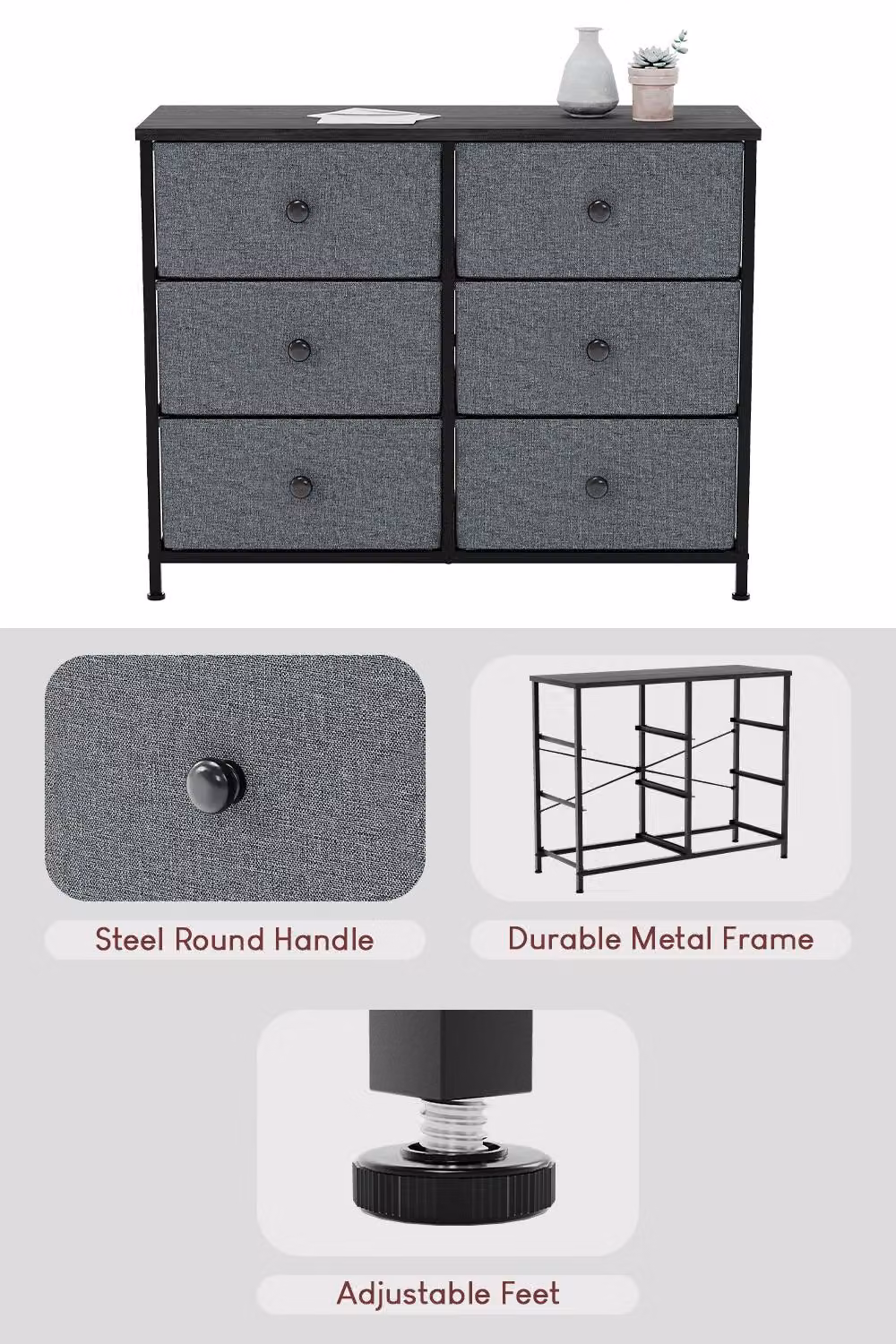 HD Designs Chorley 6 Drawer Chest of Drawers in Dark Grey Fabric and Metal – 3