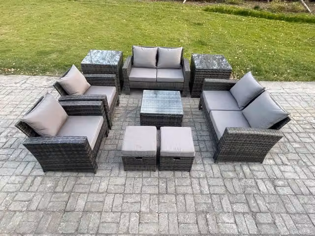 Fimous 9 Piece Dark Grey Rattan Garden Furniture Set with Upholstered Cushions and Coffee Table