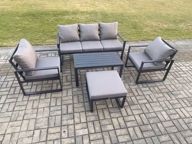 Fimous 6 Seater Powder Coated Aluminium Outdoor Furniture Set in Dark Grey with 3 Seater Sofa, 2 Armchairs, Coffee Table and Ottoman