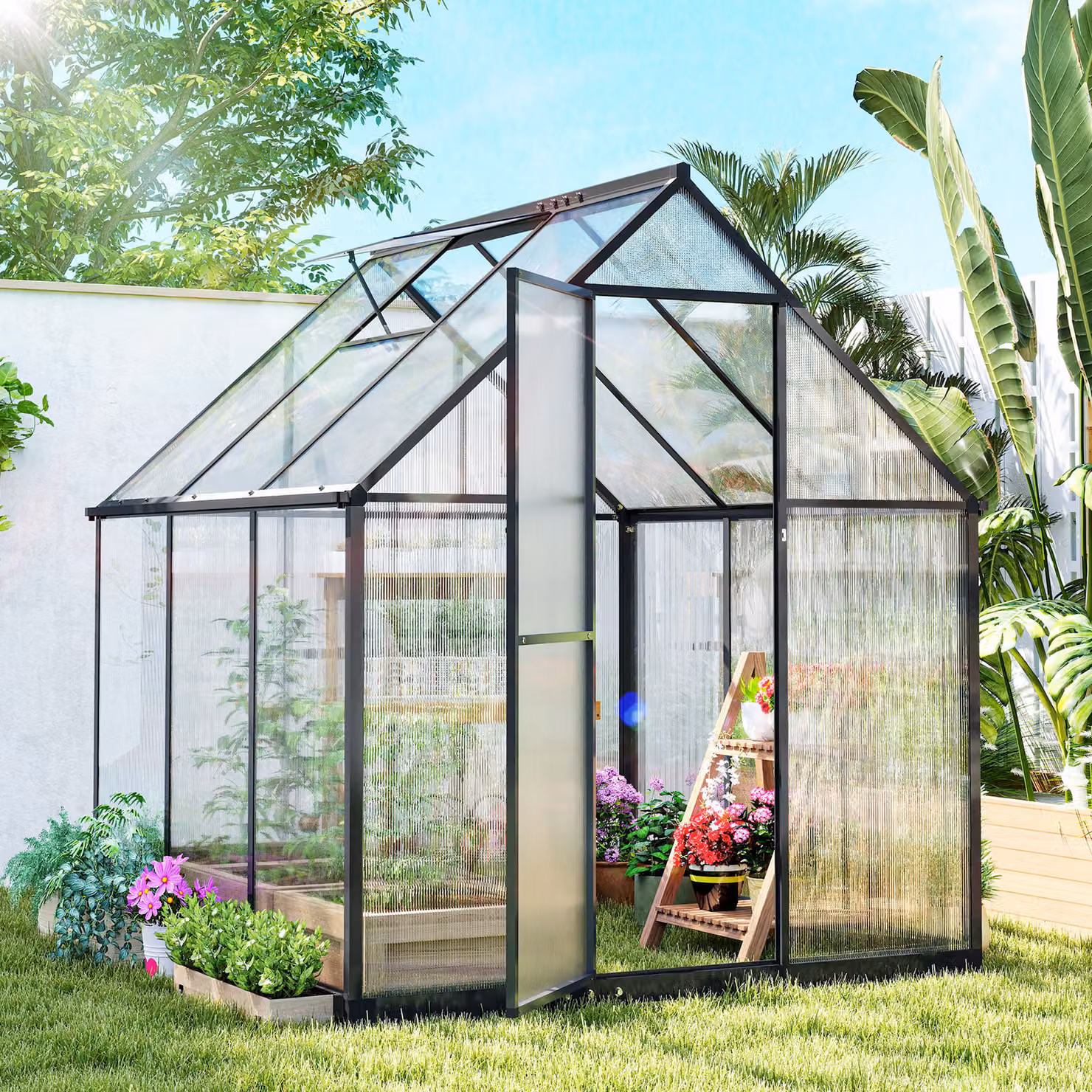 Outsunny Black Polycarbonate Walk-in Greenhouse with Swing Door, Adjustable Window and Rain Gutter, W/D/H: 182.88 x 178.0 x 195.0 cm – 2