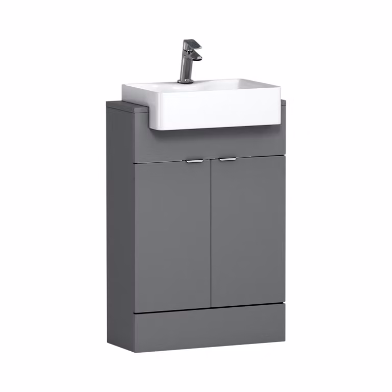 Royal Bathrooms Elena 600mm Floor Standing Vanity Sink Unit in Indigo Grey Gloss with Semi Recessed Basin and 2 Soft Close Doors