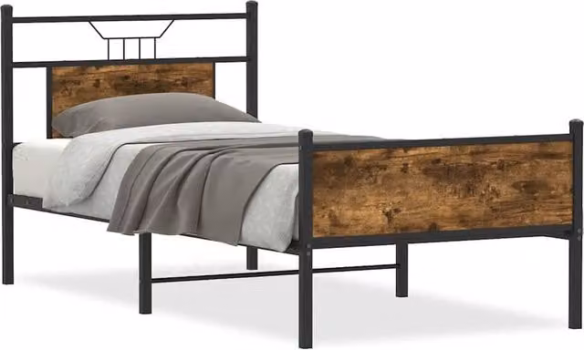 Berkfield Home Small Single Wood and Metal Bed Frame in Smoked Oak Brown, W: 75 cm, L: 190 cm