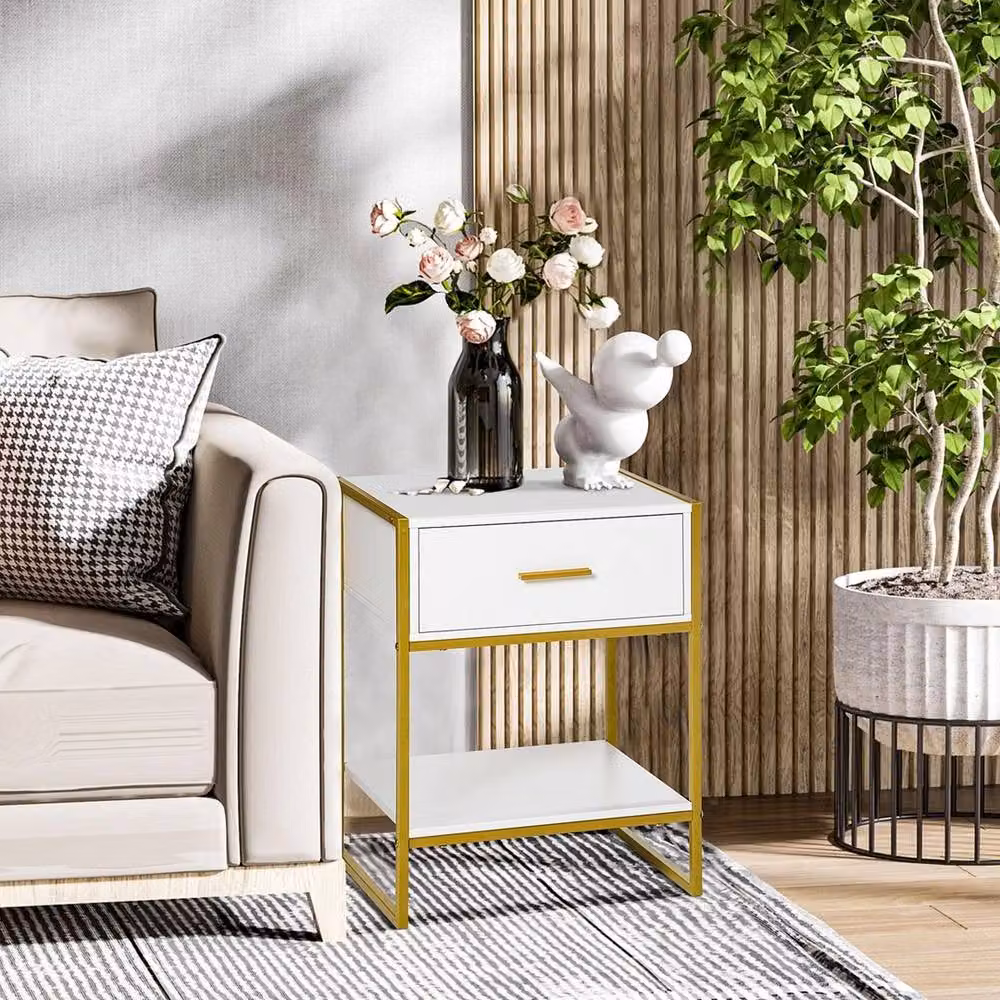 HOMCOM Modern White and Gold Bedside Table with Metal Frame – 3