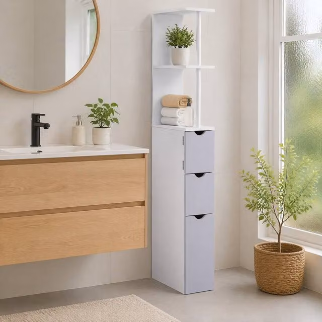 STILVORA Modern White Freestanding Bathroom Storage Cabinet with Internal Shelves and Drawers – 1