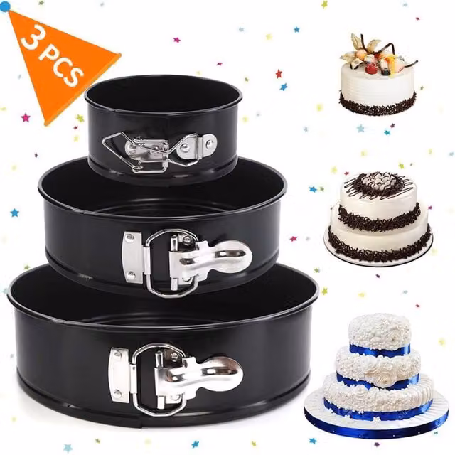 MantraRaj 3 Piece Non-Stick Round Carbon Steel Springform Cake Tin Set, Black