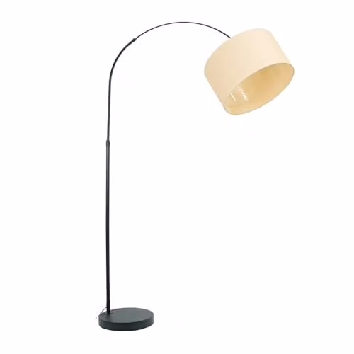ValueLights Louis Black Arched Metal Floor Lamp with Beige Rattan Drum Shade – 1