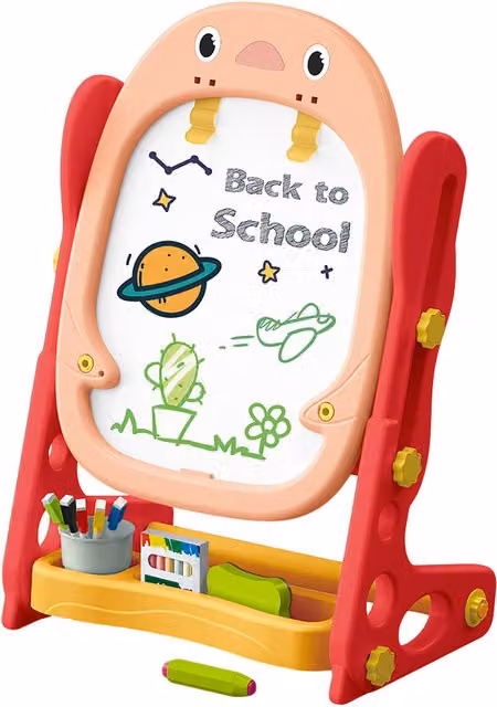 Kidkid Double-Sided Magnetic Easel Adjustable Drawing Board with Games in Yellow and Red