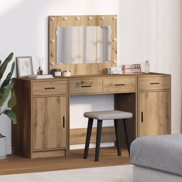 Berkfield Home Hollywood LED 3 Piece Dressing Table Set in Brown Artisan Oak