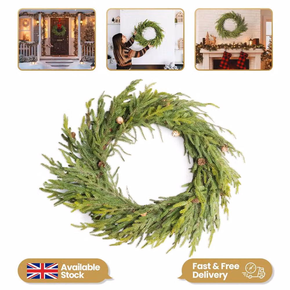 Shatchi Araucaria Wreath Set, Green Artificial Hanging Wreaths with Mini Pine Cones, Diameter: 60 cm – 2