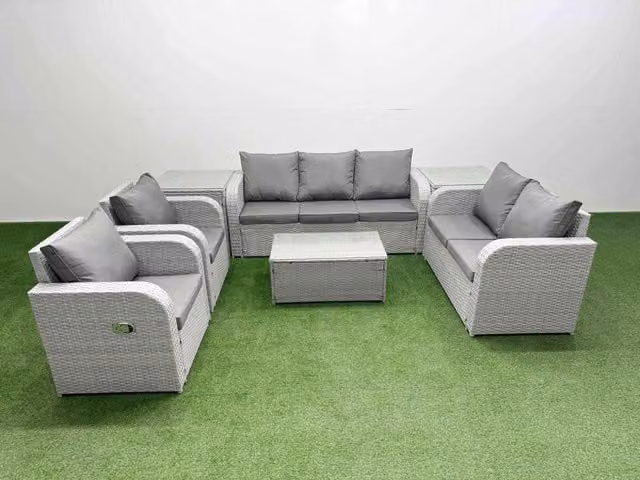 Fimous PE Rattan Garden Furniture Set in Light Grey with Adjustable Chairs, Double Love Seat, Oblong Coffee Table and 2 Side Tables