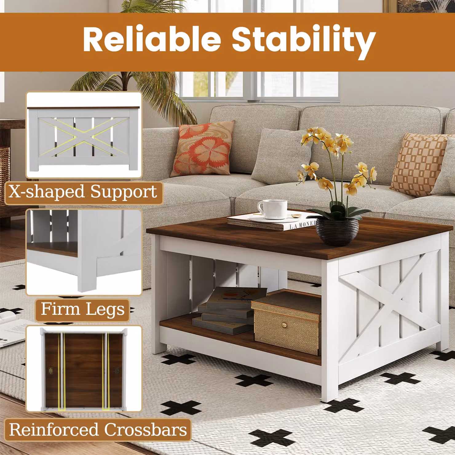 Costway Rustic Farmhouse Square Coffee Table with Storage Shelf and X-Frame Design in Multicolour – 4