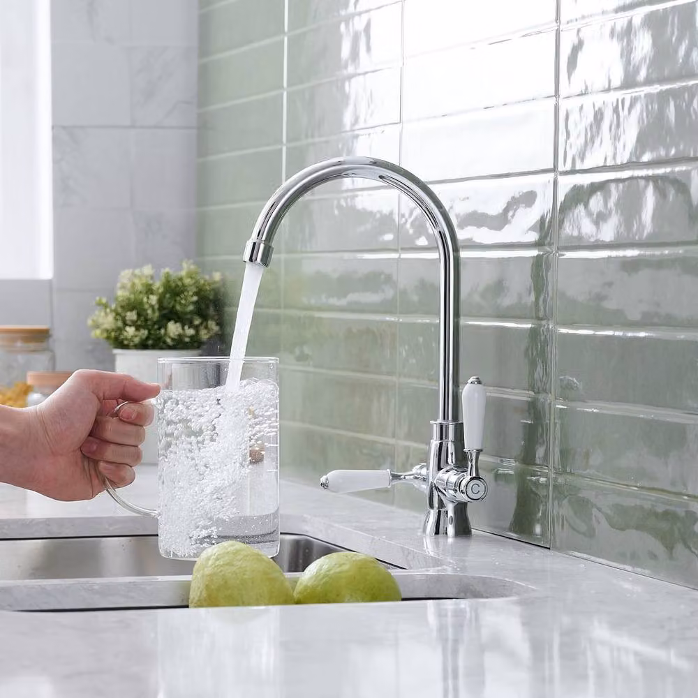 Heable Elegant Kitchen Sink Mixer Tap with White Ceramic Dual Lever in Silver and Chrome – 3