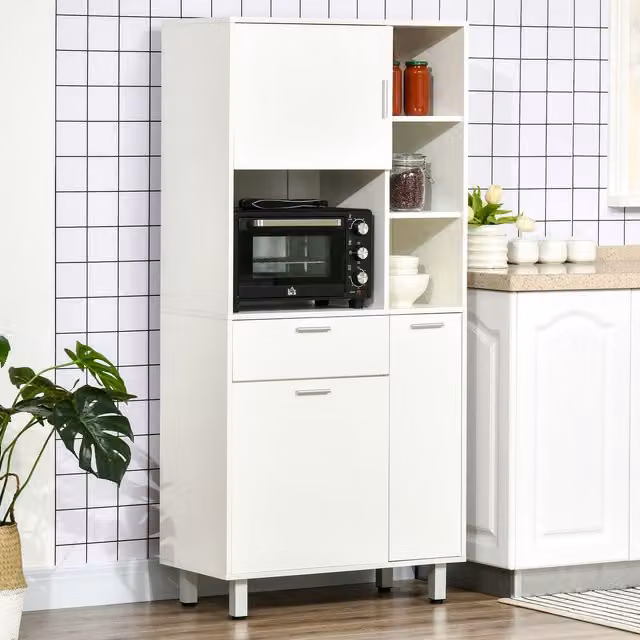HOMCOM Modern Freestanding White Kitchen Storage Unit with Hinged Doors and Internal Drawers