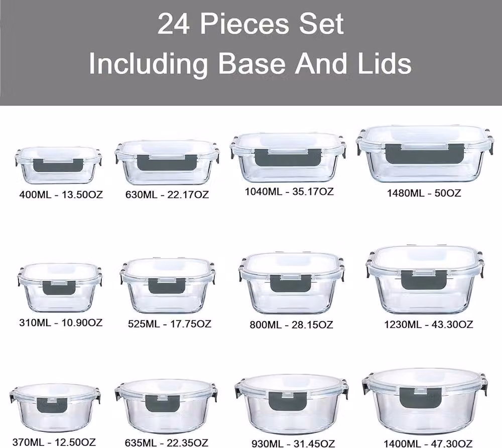 Simpa 12 Pack Airtight and Leakproof Glass Meal Prep Food Storage Containers in Transparent Assorted Sizes – 11