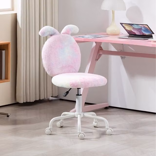 HOMCOM Pink Faux Fur Bunny Swivel Task Chair with Adjustable Height and Castors