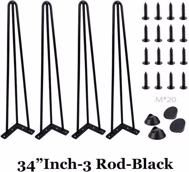 KORVIXA Set of 4 Retro 3-Rod Solid Metal Hairpin Table Legs in Matt Black, Height: 86 cm – 1