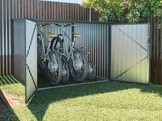 Vente-unique 4-Bike Metal Bike Shed in Brown Walnut Wood Effect, Galvanised Steel Pent Roof Design with Double Doors