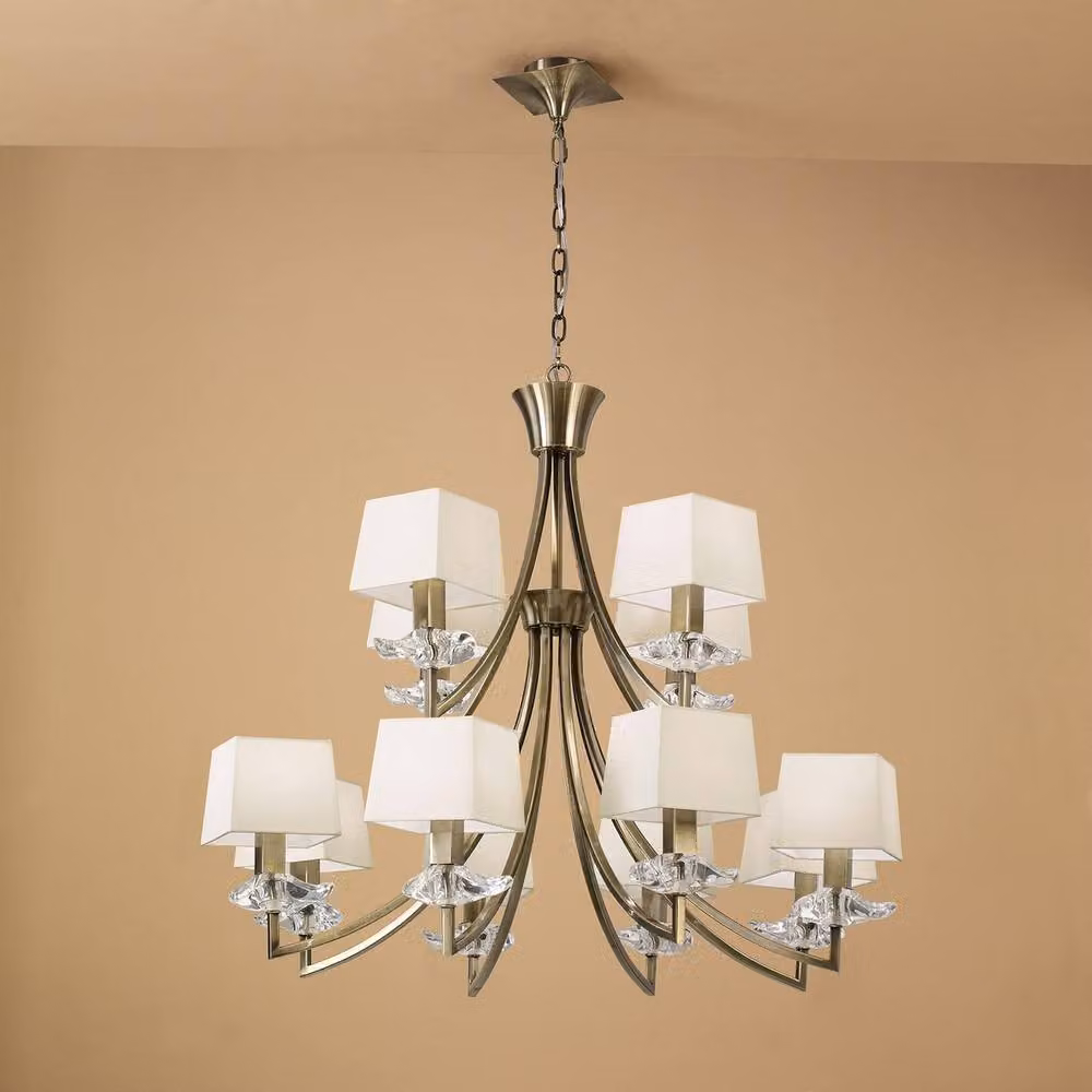 Netlighting Akira 2 Tier 12 Light Pendant with Cream Fabric Shades in Antique Brass – 2