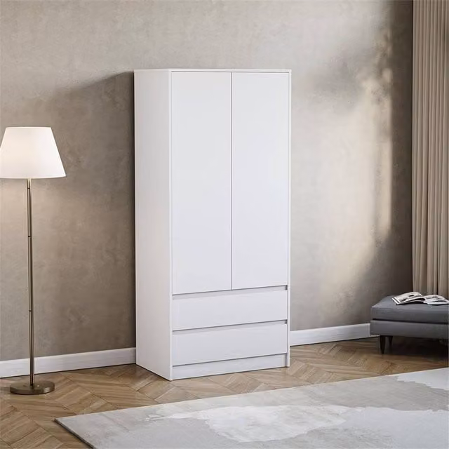 FORGEVIO De Modern White Matt 2 Door 2 Drawer Wardrobe with Internal Hanging Rod and Push to Open Drawers – 1