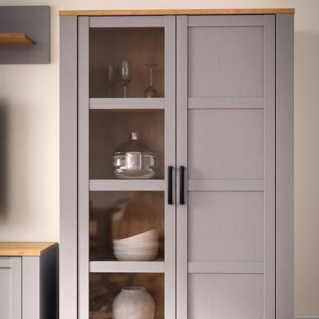 Furniture To Go Bohol 2 Door Display Cabinet in Riviera Oak and Grey Oak with Glass Doors and Soft Close Hinges