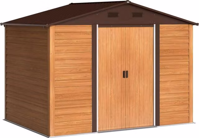 Outsunny Brown Wood-Effect Galvanised Steel Shed with Sliding Doors and Side Vent, W: 275.8 cm, D: 183.0 cm, H: 183.0 cm – 1