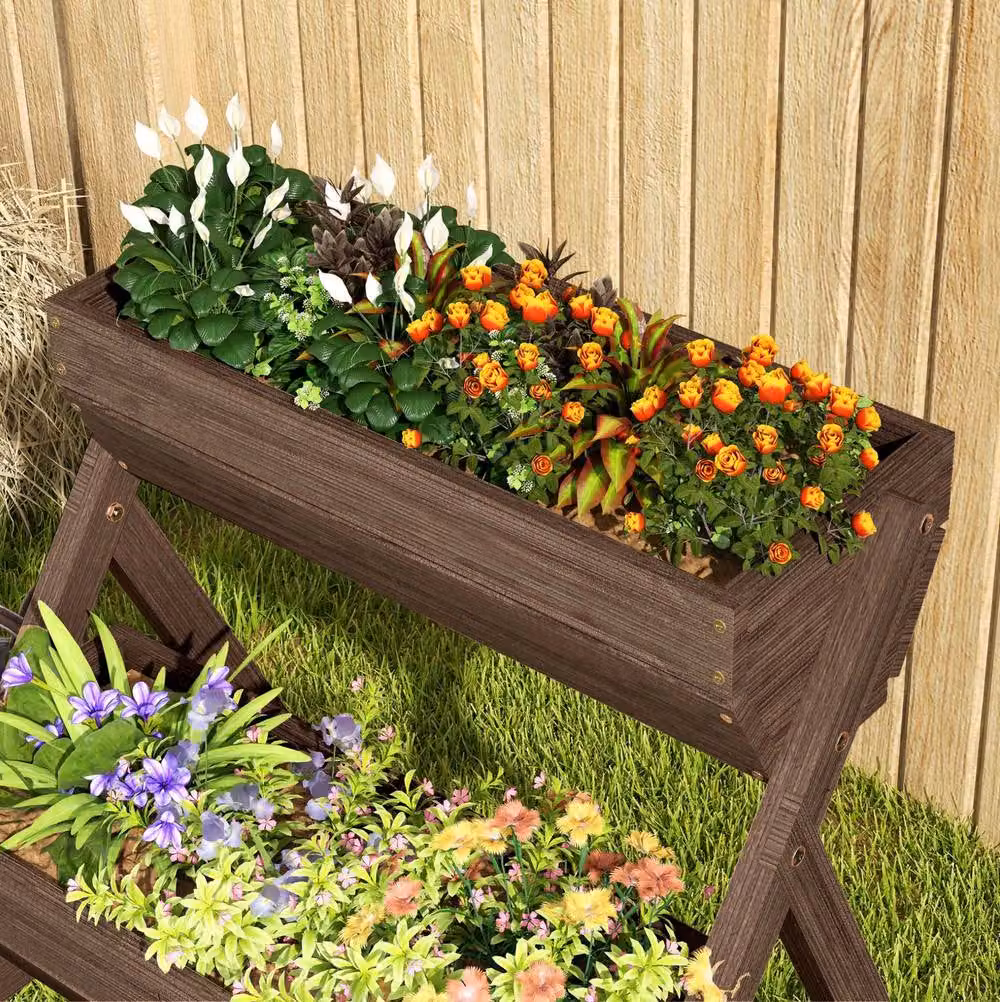 STILVORA 3 Tier Wooden Raised Garden Bed with Water Holes in Brown, W/D/H: 76 x 65 x 23 cm – 5