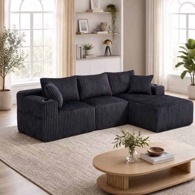 STILVORA Modular L-Shape Sectional Sofa in Grey Corduroy with Cup Holders and Sleeping Function