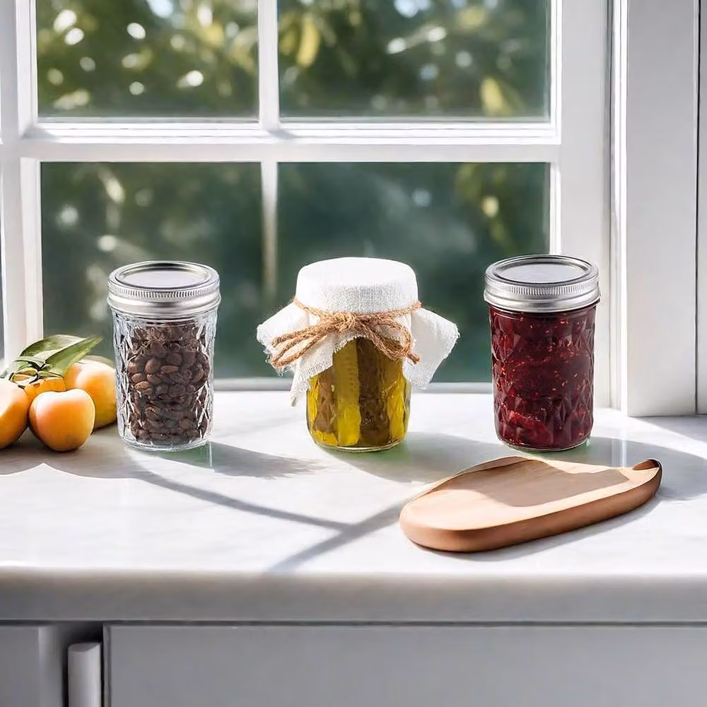 Simpa 12 Pack Geometric Quilted Glass Mason Jars with Silver Metal Airtight Lids, 475 ml – 3