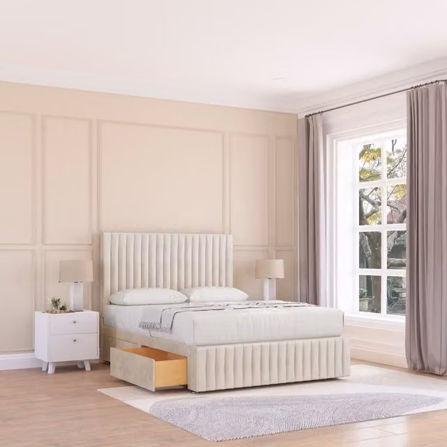 Sloomy Madison Divan Bed Base with 2 Drawers, 12 inch Footboard and 26 inch Strutted Headboard, Beige, W/D/H: 180 x 200 cm
