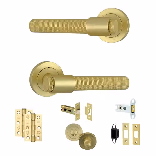 AXS Hardware Dakota Internal Door Handle Pair in Satin Brass with Rose for Wooden Doors and Standard UK Tubular Latches – 1