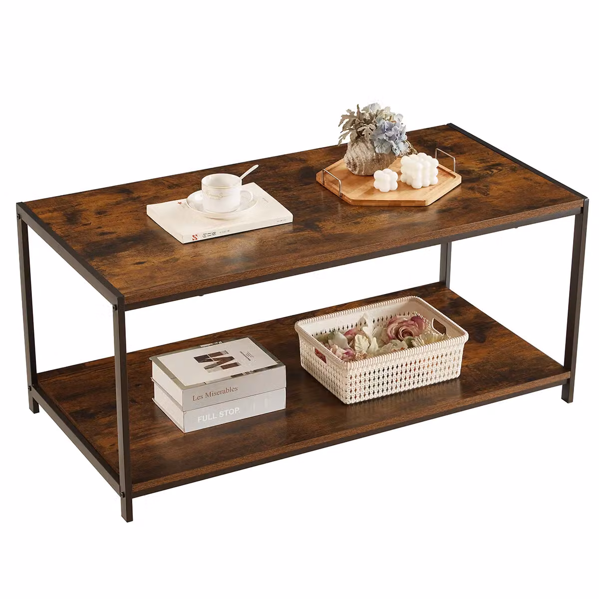 House of Home Rustic Brown Wood and Metal 2-Tier Coffee Table with Storage Shelf – 9