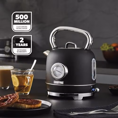 Geepas Retrovive 1.8L Electric Kettle and 4 Slice Bread Toaster Kitchen Combo Set, Black Stainless Steel – 4
