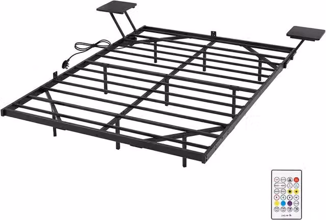 Levede Modern Metal Double Bed Frame in Black with Side Compartment Shelving and RGB Under-Bed Lighting, 140 x 200 cm