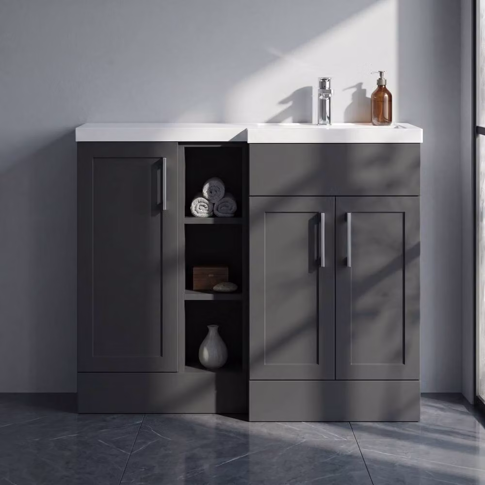 Balterley Pirehill Traditional Freestanding Vanity Basin Combination Unit with Open Shelves and Soft Close Doors, Grey, W: 100 cm – 3